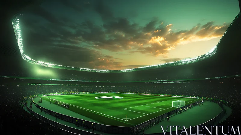 Stadium lights glow as a vibrant football arena awakens