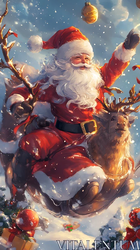 Santa rockets through snowfall, painting the sky with joy