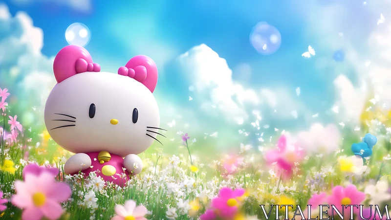 Cute pink cat figurine in dreamy spring flower meadow.