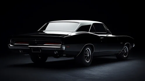 Midnight muscle car poised in softly glowing studio light.