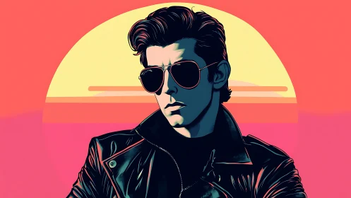 Retro synthwave portrait of cool man in leather jacket.