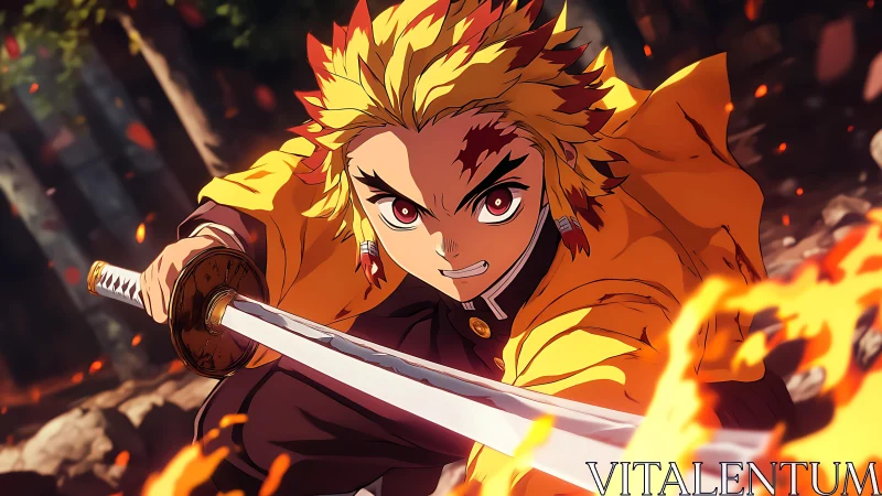 Flame swordsman lunges forward with blazing katana arc.