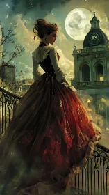 Victorian lady on misty balcony under full moonlit sky.