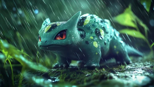 Small reptilian creature stands on wet ground in rainfall