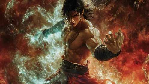 Elemental warrior bends stormfire and seaflame with fury