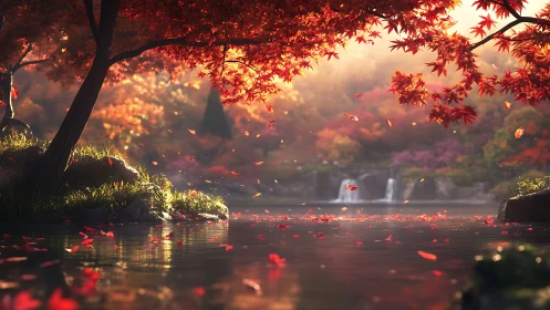 Glowing autumn trees welcome quiet waters and soft cascades