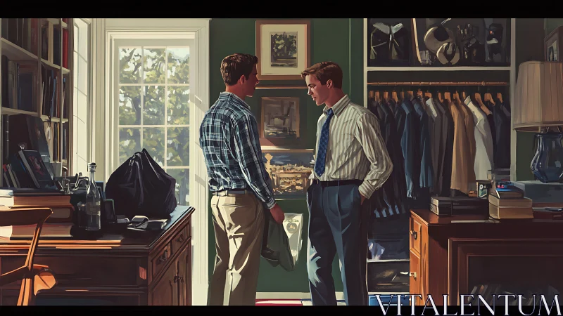 Analytical interior study of two men conversing in curated wardrobe.