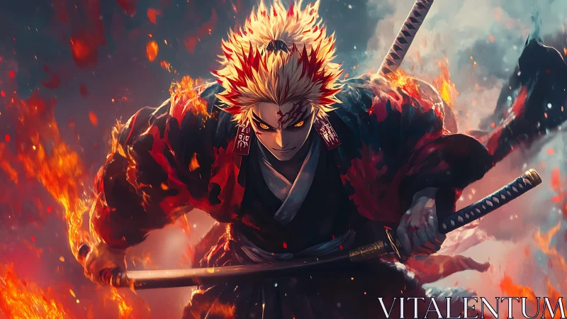 Flame-lit anime swordsman advances with dual katana weapons