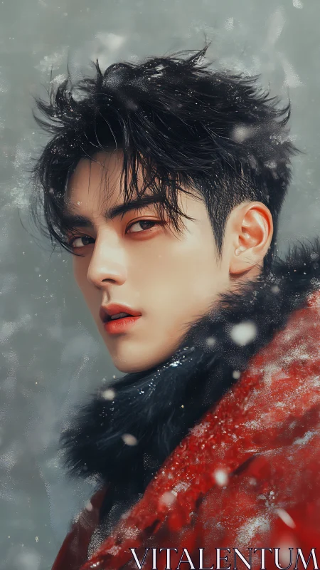 Snowy portrait glows with gentle gaze and vivid red warmth
