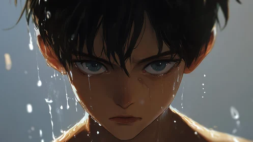 Wet-haired anime boy under soft backlight holds intense gaze