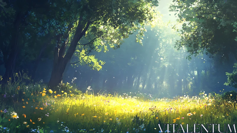Sunlit forest glade opens into a gentle wildflower haven