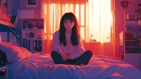 Girl sits on bed in warm backlit bedroom at sunset