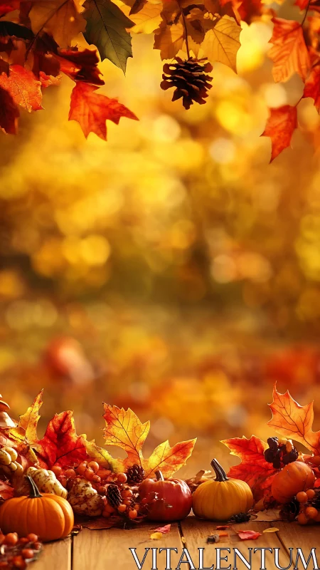 Photoreal autumn harvest still life with shallow depth of field.