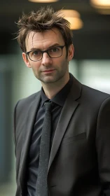 Man in dark suit with glasses in modern indoor setting.