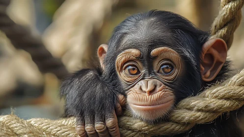 Baby chimpanzee rests on thick rope with soft golden light