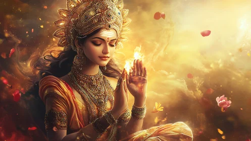 Divine goddess meditates in golden cosmic radiance and flame