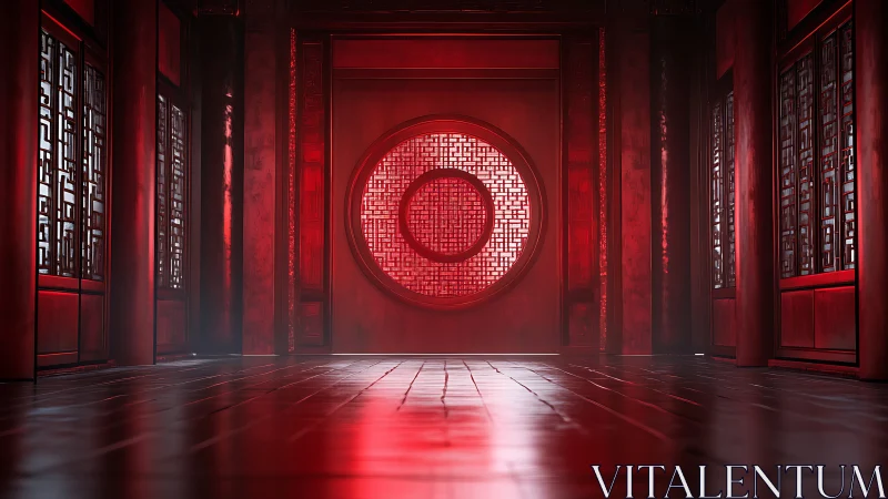 Symmetric red temple corridor with circular lattice viewport glow