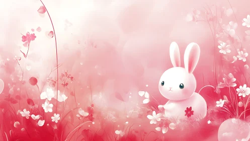 Soft anime bunny in ethereal pink floral meadow composition.