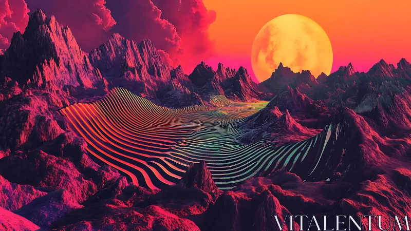 Neon-gradient alien mountains with striped procedural valley surface