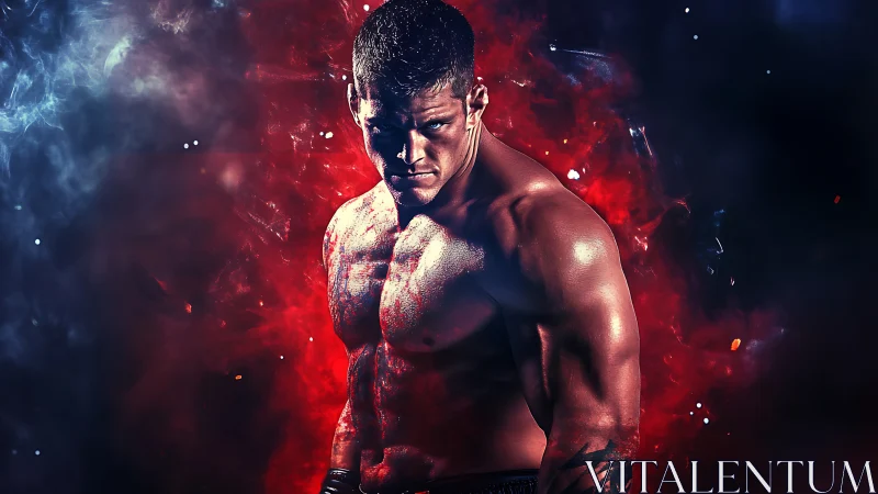 Powerful boxer stands strong in glowing red and blue light