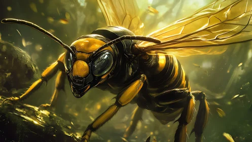 Macro digital portrait of hornet in luminous forest light