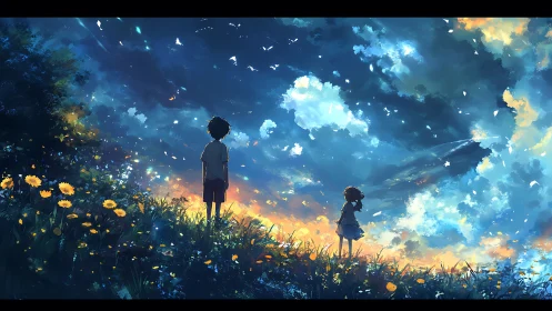 Childhood stargazers beneath a blossom-swept twilight sky.