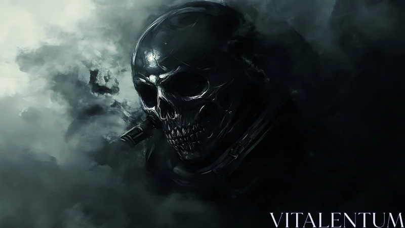 Shadowy skull drifts through misty darkness with quiet power.