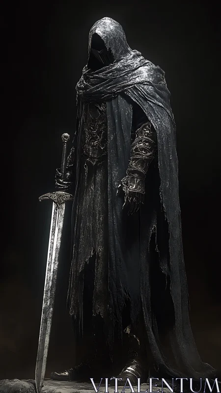 Armored wraith knight in corroded cloak with vertically poised longsword