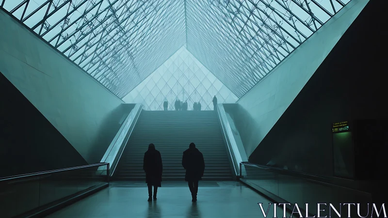 Silhouetted figures in modern glass pyramid atrium interior.