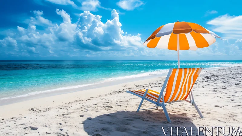 Orange and White Beach Umbrella on Sandy Shore.