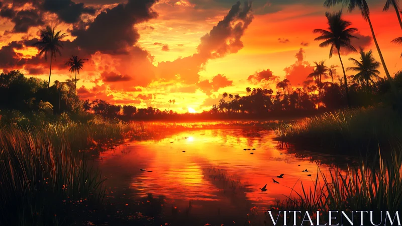 Fiery tropical sunset ignites a tranquil river oasis with light