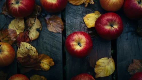 Autumn apples rest on weathered wood in soft moody light.