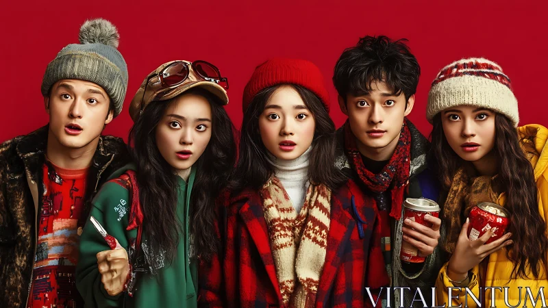 Winter portrait of five friends in layered outdoor clothing