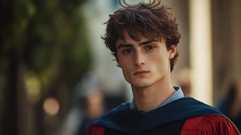 Quiet graduate holds steady gaze amid softened campus blur