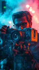 Cinematic portrait with vintage camera and neon haze.