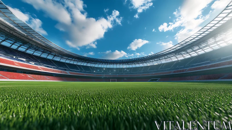 Sunlit football arena with lush pitch and sweeping stands.