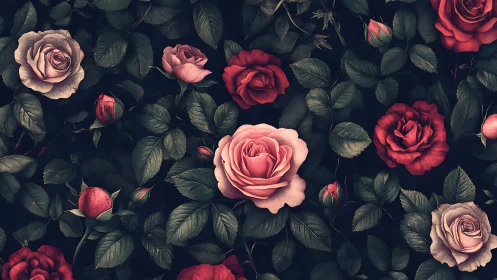 Velvet Rose Garden: Jeweled Blooms in Shadowed Reverie.