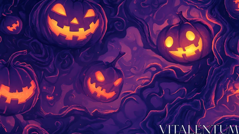 Glowing jack o&rsquo;lantern grins swirling through a spooky night.