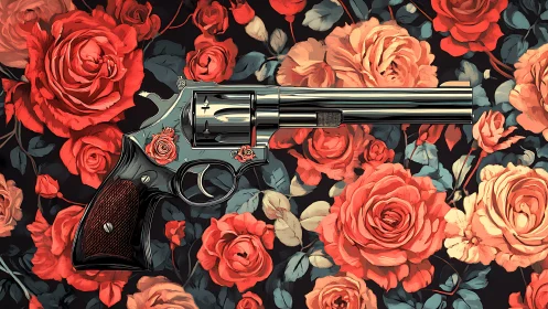 Chrome revolver resting amid lush, painterly roses.