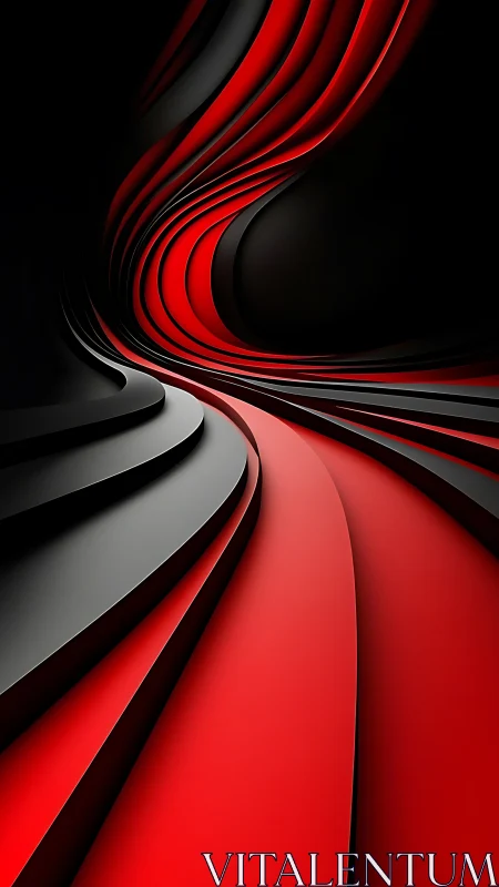 Curved red and black layered ribbons forming abstract tunnel
