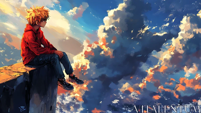 Dreamy skywatcher resting on a sunlit cliff edge.