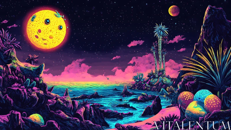 Neon coastal landscape under stylized moons and bright sky.