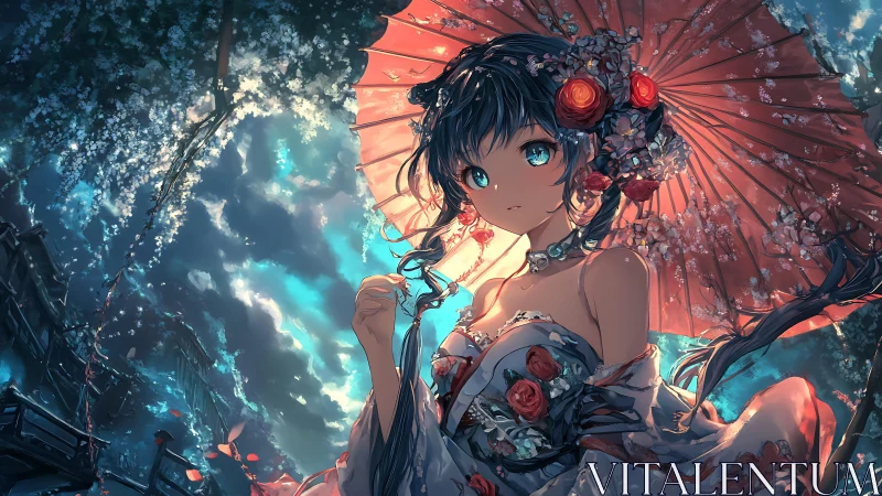 Blossom-kissed girl stands beneath a glowing cherry sky