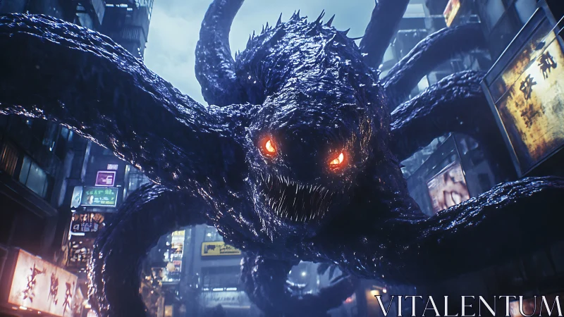 Colossal tentacled monster storms neon city streets at night.