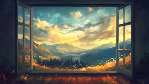 Open window frames layered mountain landscape at sunset