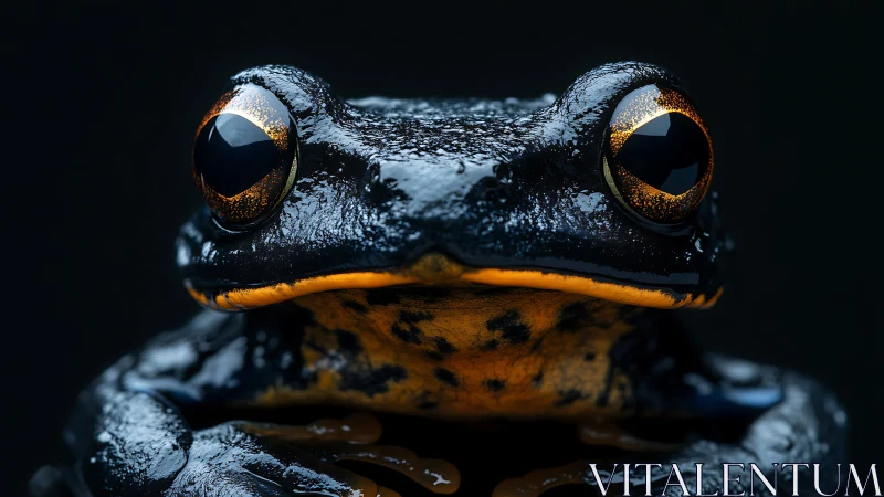 Macro portrait of glossy black and orange tree frog.