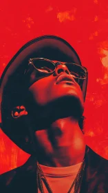 Stylized portrait in red of person wearing hat and sunglasses.