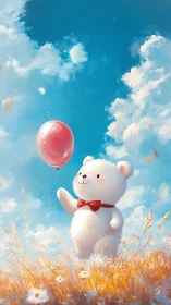 Fluffy white bear with red balloon under luminous summer sky