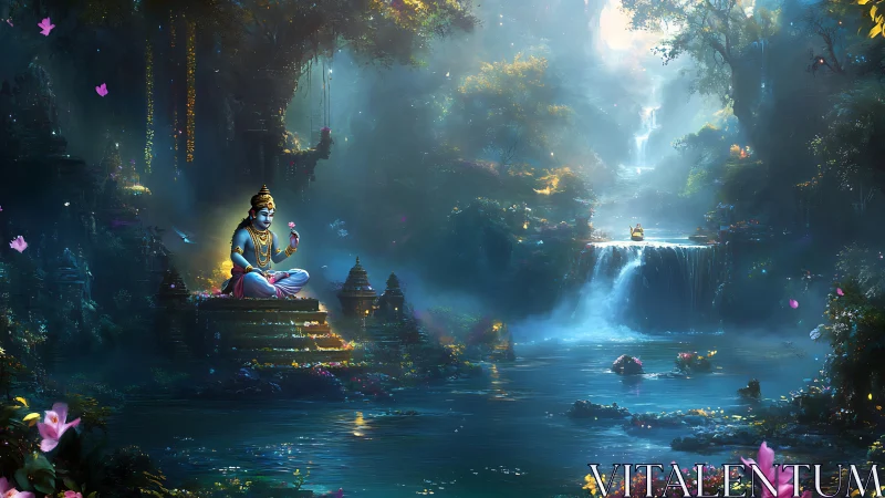 Mystic blue deity meditates beside luminous jungle waterfall.