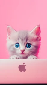 Luminous Blue-Eyed White Cat on Vibrant Pink Background.